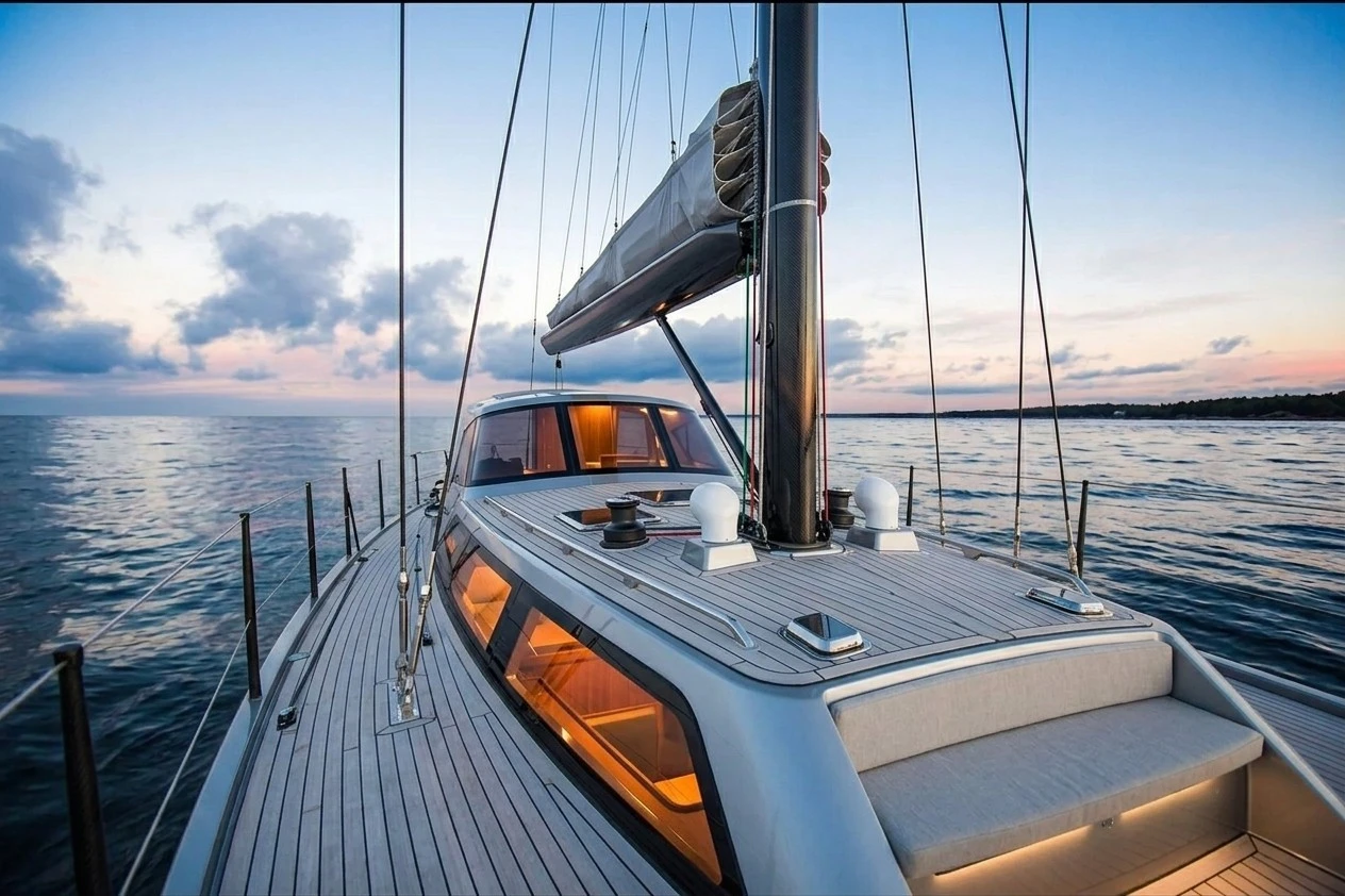 Velero navegando al atardecer con la cabina climatizada por Coblow